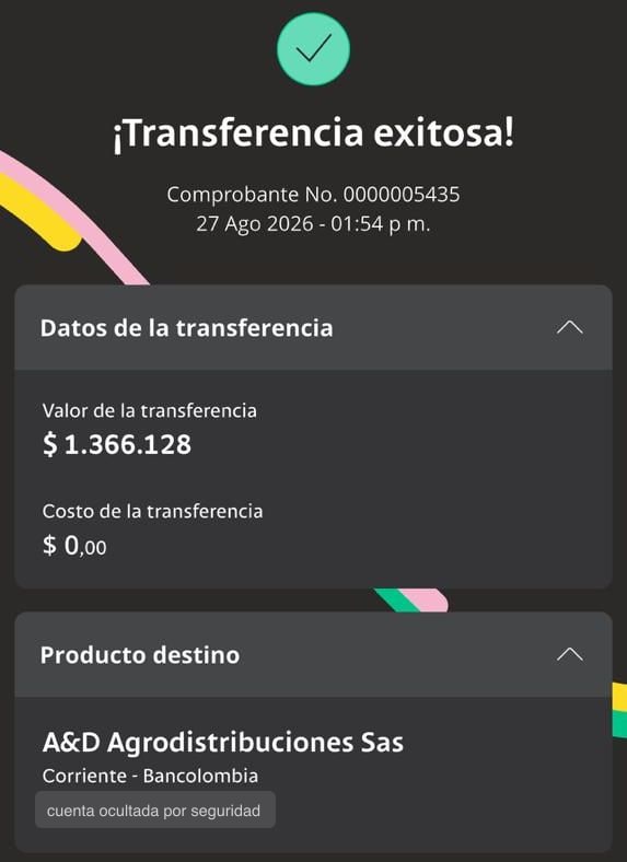 Comprovante de transferência de $1.366.128 para A&D Agrodistribuciones SAS, 27 de agosto de 2026